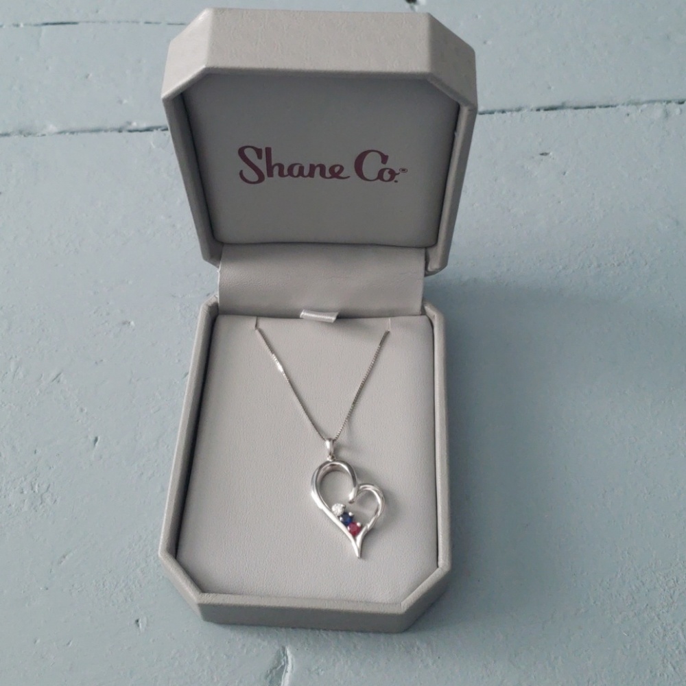 14k white gold red, white and blue gem necklace